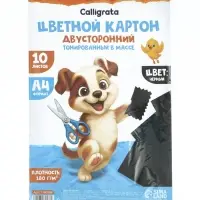 Картон двусторонний А4, тонированный в массе, 10 листов, 180 г/м&sup2;, чёрный
