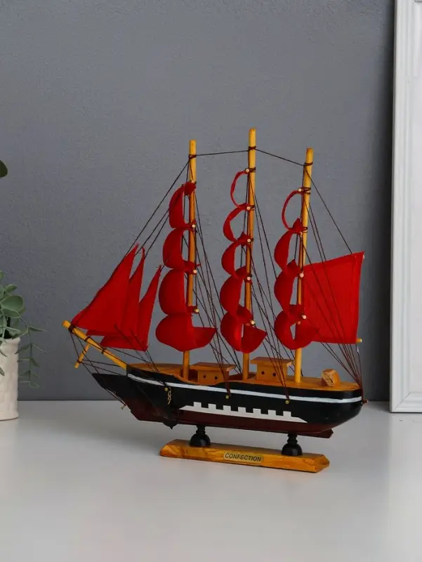Сувенирная модель корабля &laquo;Флора&raquo;, борта чёрные с белой полосой, паруса алые, 32&times;6.5&times;31 см