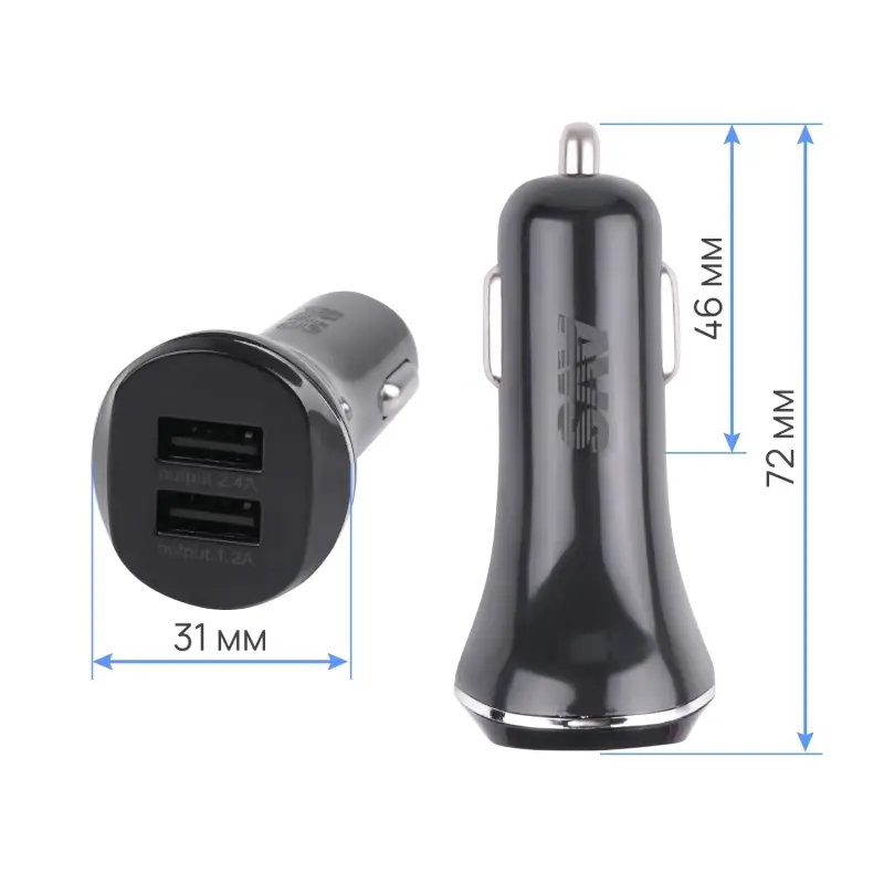 Автомобильное ЗУ AVS UC-322, 2 USB, 2.4 A, 12 Вт, черный (A07281S)