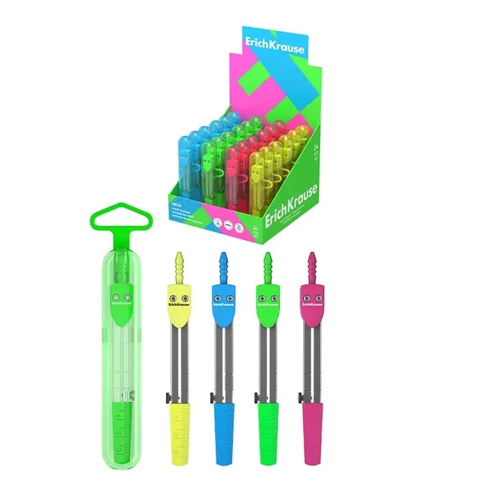 Циркуль металлический Erich Krause. S-Cool, 120 мм, максимальный радиус 18 см, пластиковый чехол, колпачок с линейкой, МИКС