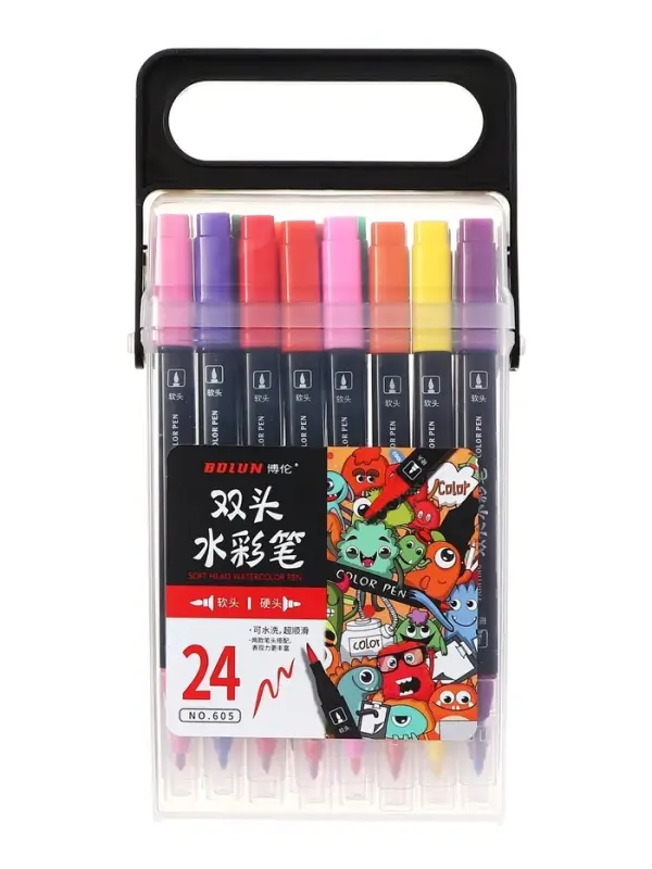 Набор маркеров профессиональных двусторонних 24 цветов, в пенале, c ручкой, микс