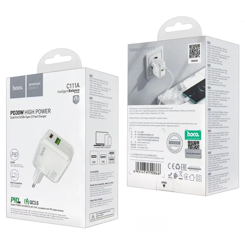 Переходник сетевого зарядного устройства на Type-C PD30W + USB QC3.0 C111A HOCO белый