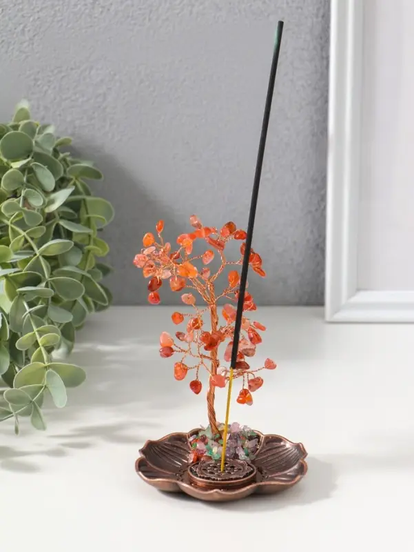 Подставка под благовония "Дерево на цветке" рыжий 72 камня 9х9х13,5 см