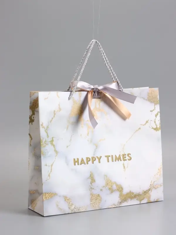 Пакет подарочный "Мрамор" , белый , с бантиком, 35 х 30 х 10 см