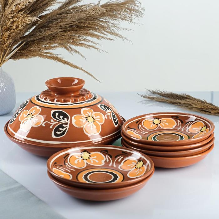 Набор для блинов 7 предметов: 1 шт. блинница, 6 шт. тарелок, с росписью, персик Набор для блинов 7 предметов: 1 шт. блинница, 6 шт. тарелок, с росписью, персик