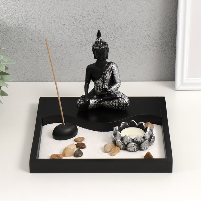 Сад камней Дзен  Сад камней Дзен "Будда просветление" песок белый + свеча 14х20х20 см