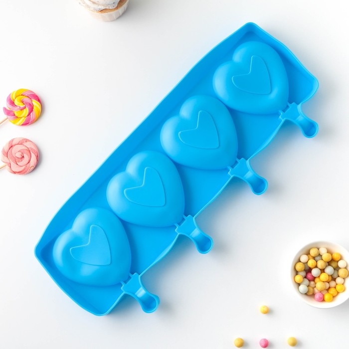 Форма для мороженого «Сердца», силикон, 37×15×2,5 см, 4 ячейки (9,2×8,4 см), цвет МИКС Форма для мороженого «Сердца», силикон, 37×15×2,5 см, 4 ячейки (9,2×8,4 см), цвет МИКС