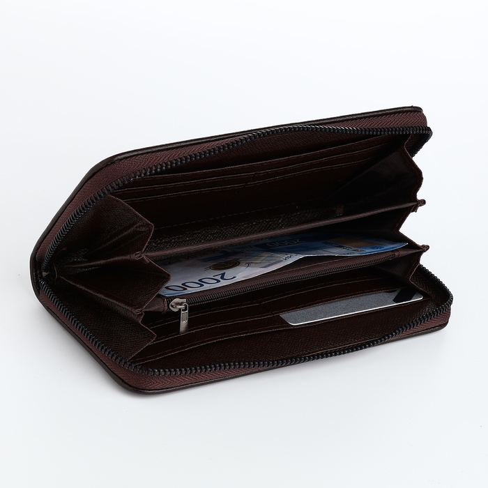 Портмоне-клатч мужской на молнии, отдел для купюр, карт, монет, цвет коричневый