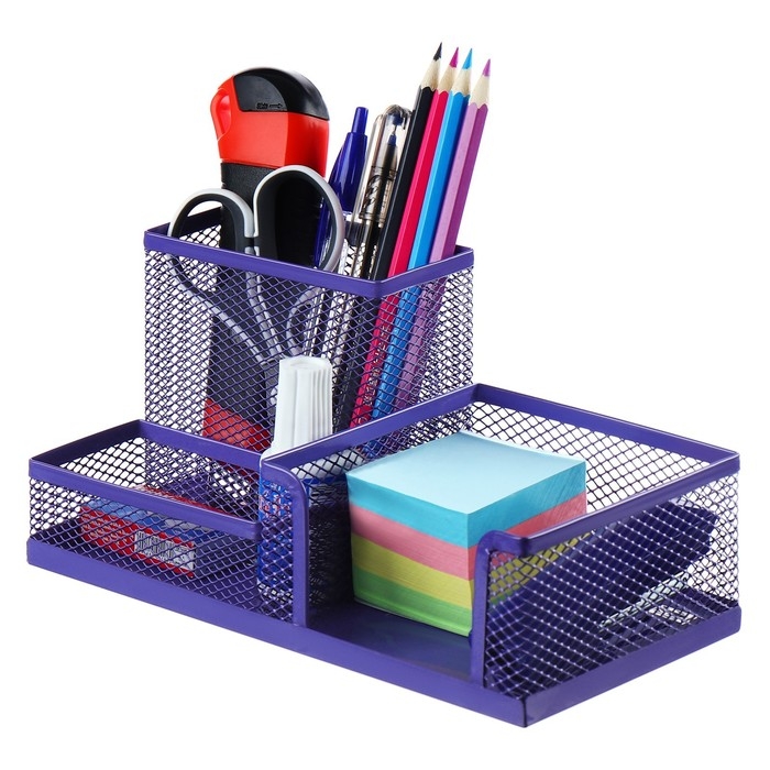 Подставка для канцелярских мелочей 3 отделения, сетка металл, фиолетовая Подставка для канцелярских мелочей 3 отделения, сетка металл, фиолетовая
