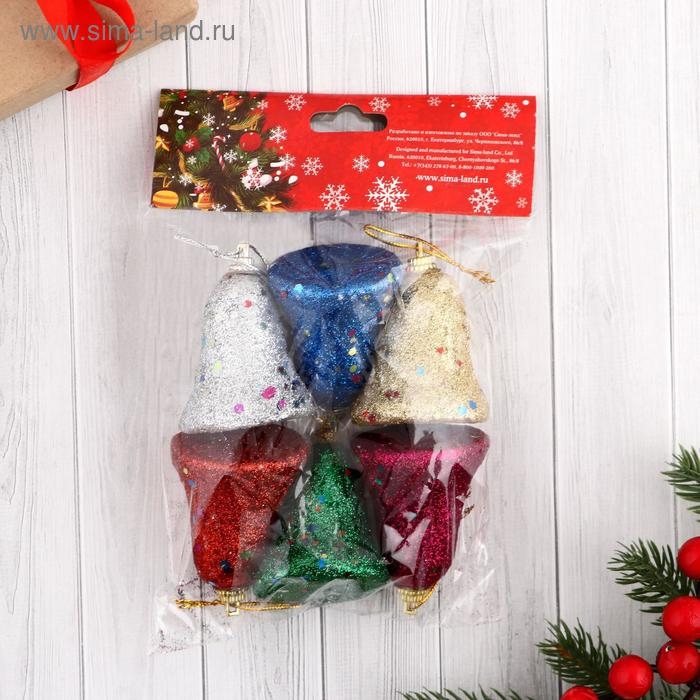 Украшение ёлочное "Колокольчик в блёстках" (набор 6 шт) 4,5х5,5 см, микс
