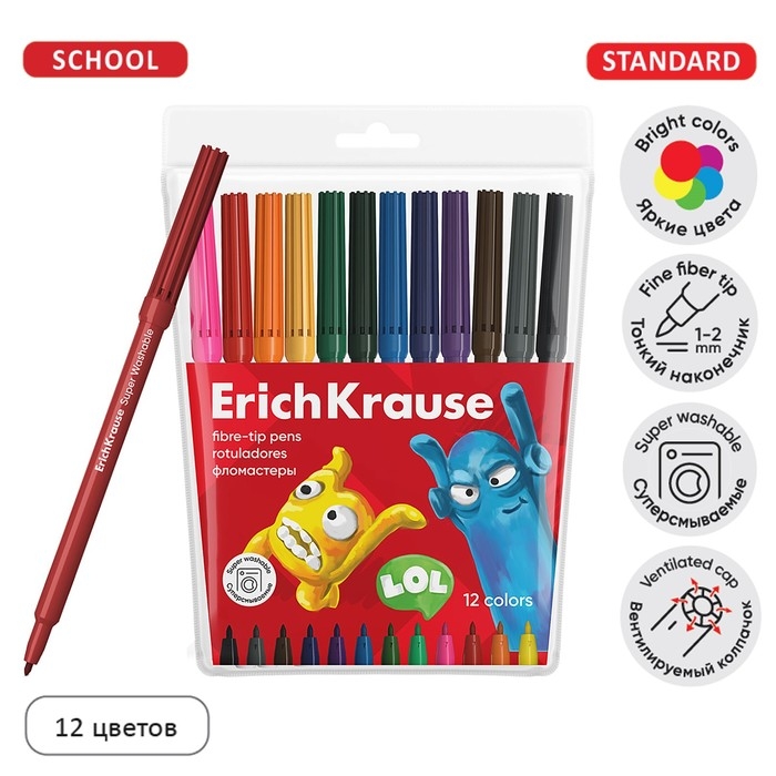 Фломастеры 12 цветов, ErichKrause, Jolly Friends Super Washable, вентелируемый колпачок, МИКС Фломастеры 12 цветов, ErichKrause, Jolly Friends Super Washable, вентелируемый колпачок, МИКС