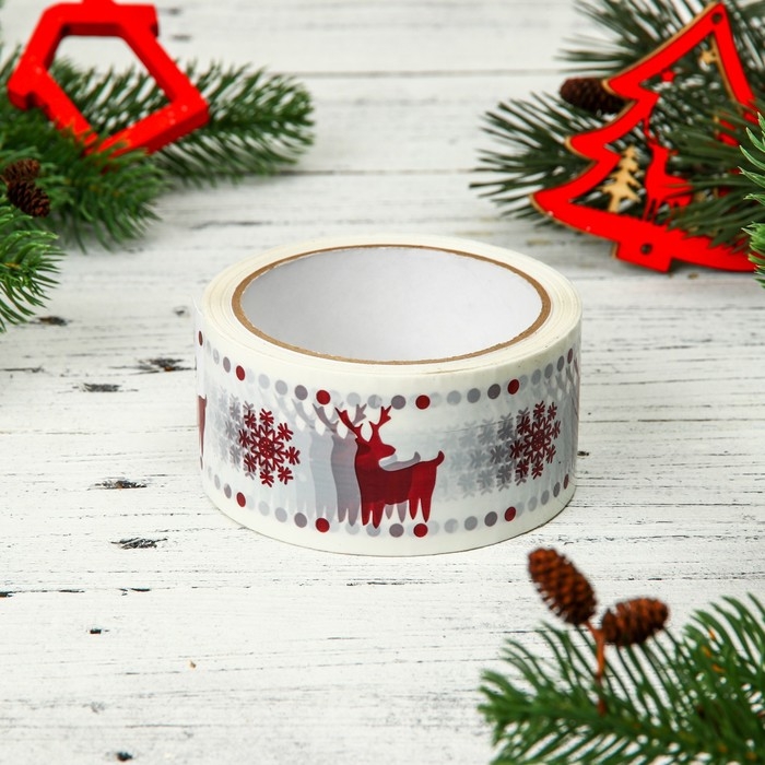 Скотч новогодний с логотипом  Скотч новогодний с логотипом "ОлениСнежинки 2" 48*45м 45мкм