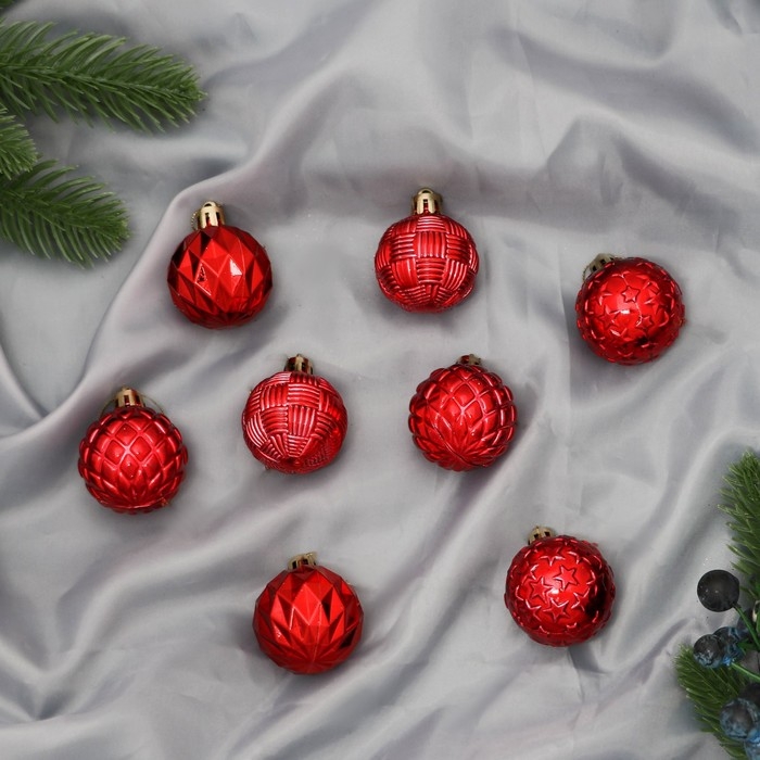 Набор шаров пластик d-4 см, 8 шт Набор шаров пластик d-4 см, 8 шт "Грани ассорти звёзды" красный