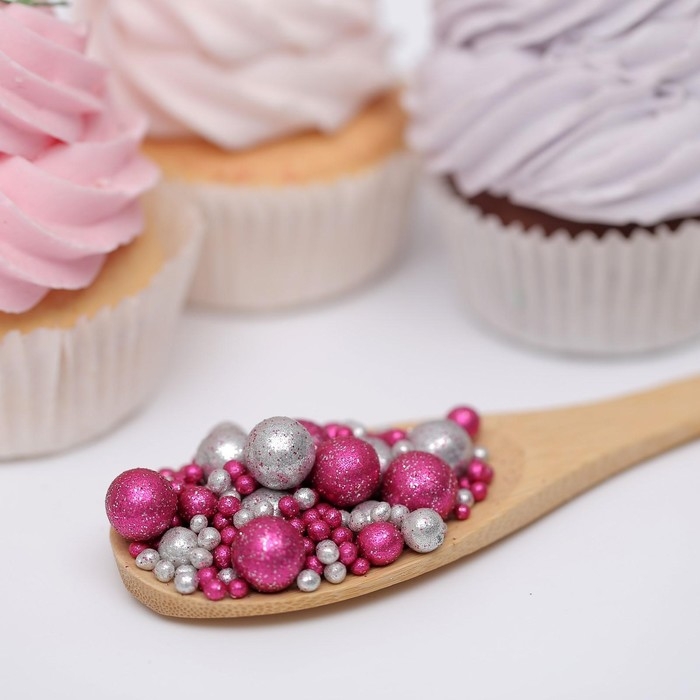 Посыпка кондитерская  Посыпка кондитерская "Блеск", взорванные зерна риса, фуксия, серебро, 50 г