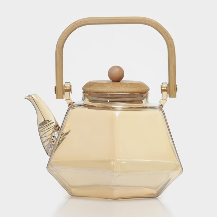 Чайник стеклянный заварочный с бамбуковой крышкой и металлическим фильтром «Октогон», 1,2 л, цвет золотой Чайник стеклянный заварочный с бамбуковой крышкой и металлическим фильтром «Октогон», 1,2 л, цвет золотой