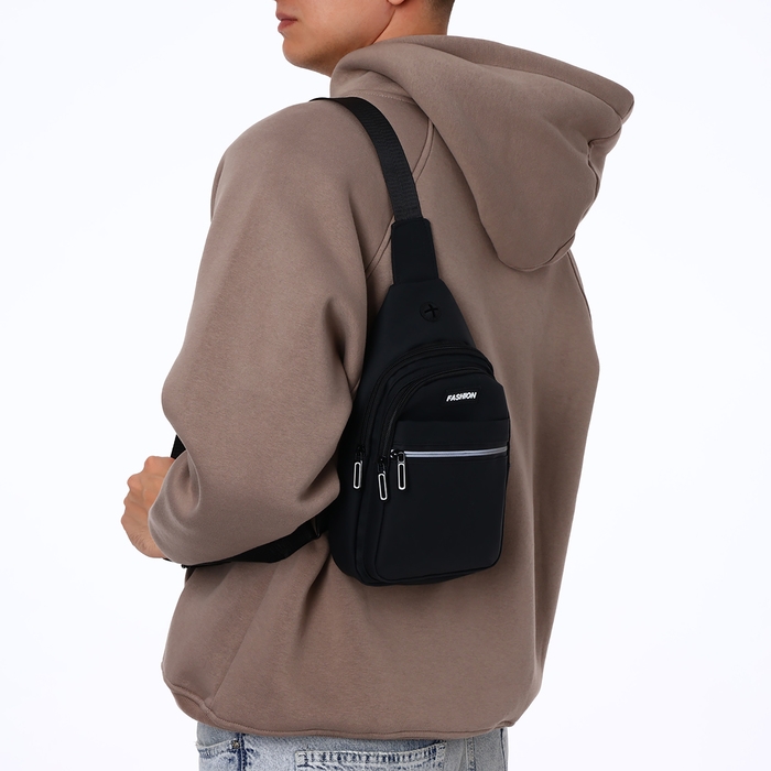 Сумка-слинг из текстиля, 3 наружных кармана, цвет чёрный Сумка-слинг из текстиля, 3 наружных кармана, цвет чёрный