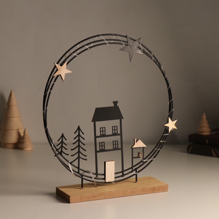 Сувенир металл, дерево свет Сувенир металл, дерево свет "Домики. Ночное небо" 6х25,5х26,5 см