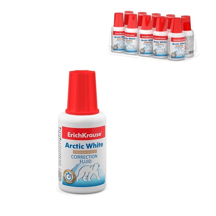 Корректирующая жидкость 20 мл, ErichKrause Arctic White, быстросохнущая, повышенной белизны, на основе растворителя, с кисточкой Корректирующая жидкость 20 мл, ErichKrause Arctic White, быстросохнущая, повышенной белизны, на основе растворителя, с кисточкой