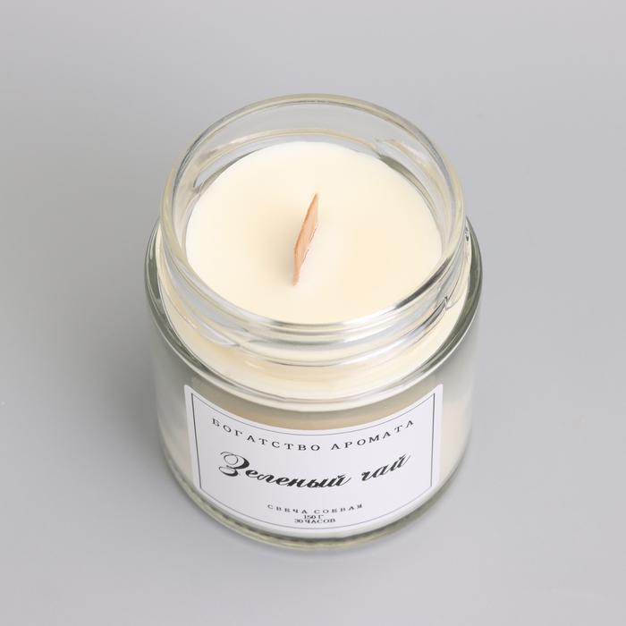 Свеча ароматическая из соевого воска в банке, 150 г, деревянный фитиль, зеленый чай Свеча ароматическая из соевого воска в банке, 150 г, деревянный фитиль, зеленый чай