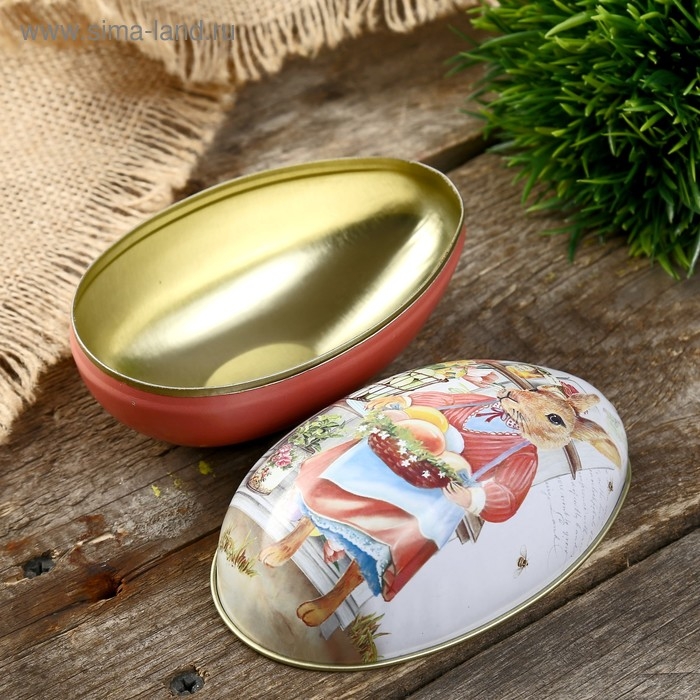 Шкатулка металл яйцо "Зайка-хозяйка с корзинкой яиц" 11х6,5х7 см