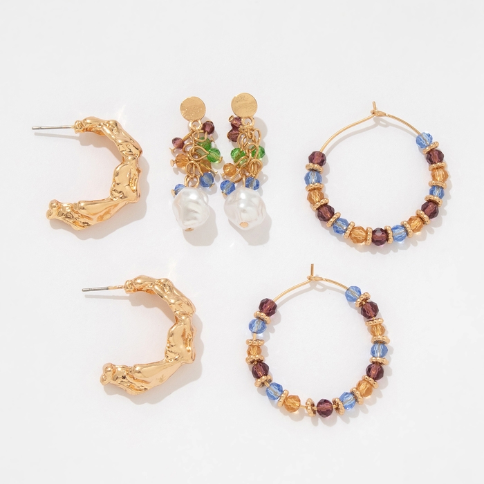 Набор 3 пары серёг «Этника» кольца, цвет бело-голубой в золоте Набор 3 пары серёг «Этника» кольца, цвет бело-голубой в золоте