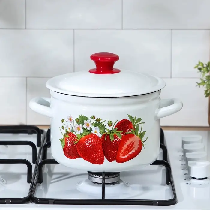 Кастрюля эмалированная, 5 л, с крышкой, деколь МИКС, белая