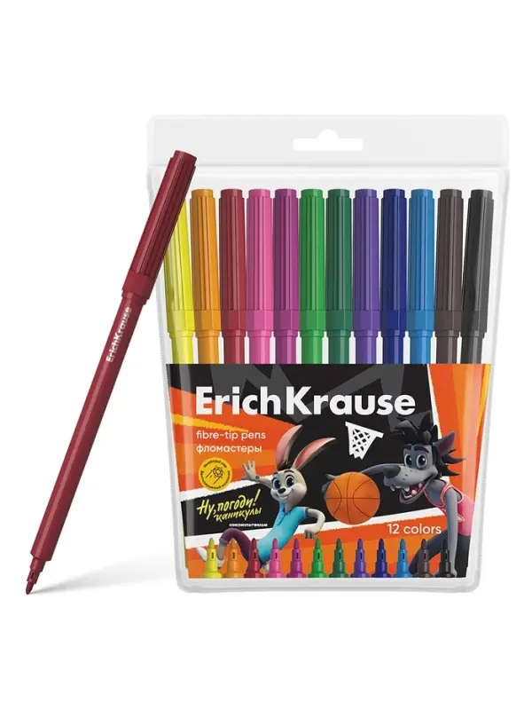 Фломастеры ErichKrause «Ну, Погоди! Каникулы», 12 цветов, на водной основе, яркие цвета, вентилируемый колпачок Фломастеры ErichKrause «Ну, Погоди! Каникулы», 12 цветов, на водной основе, яркие цвета, вентилируемый колпачок