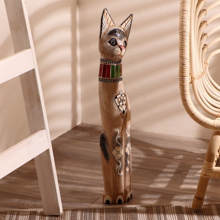 Сувенир дерево Сувенир дерево "Серая кошка в ошейнике из мозаики и с черепахой" 60х12х6 см