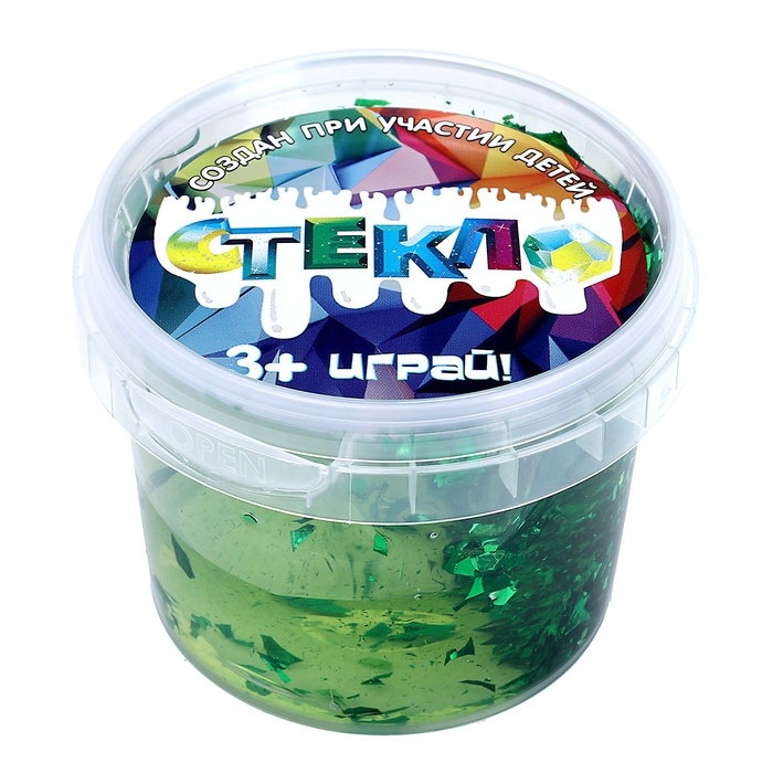 Слайм «Стекло» с зелёными блёстками слюда Слайм «Стекло» с зелёными блёстками слюда