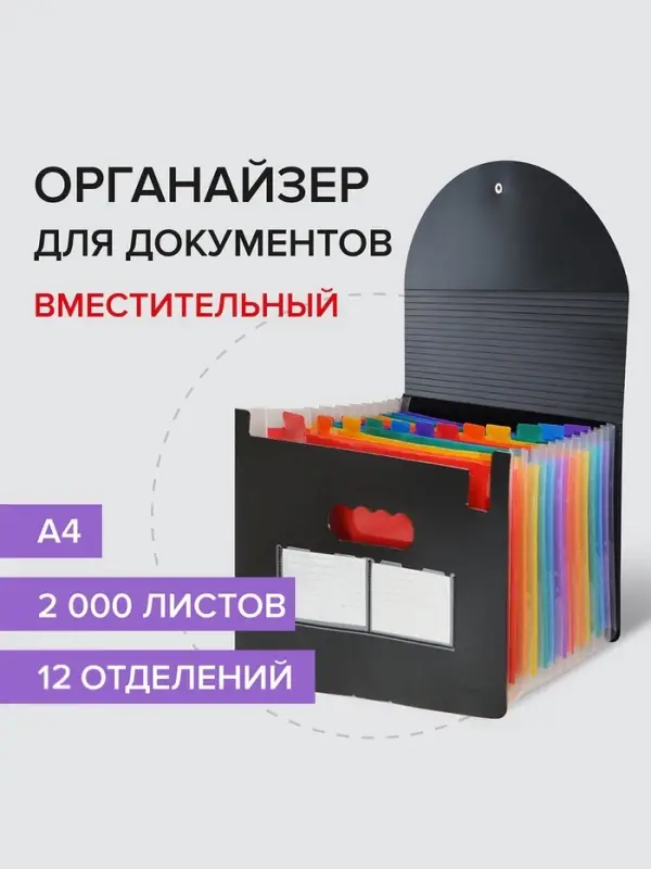 Папка для бумаги А4 на резинке пластиковая Calligrata, 12 отделений, черная Папка для бумаги А4 на резинке пластиковая Calligrata, 12 отделений, черная