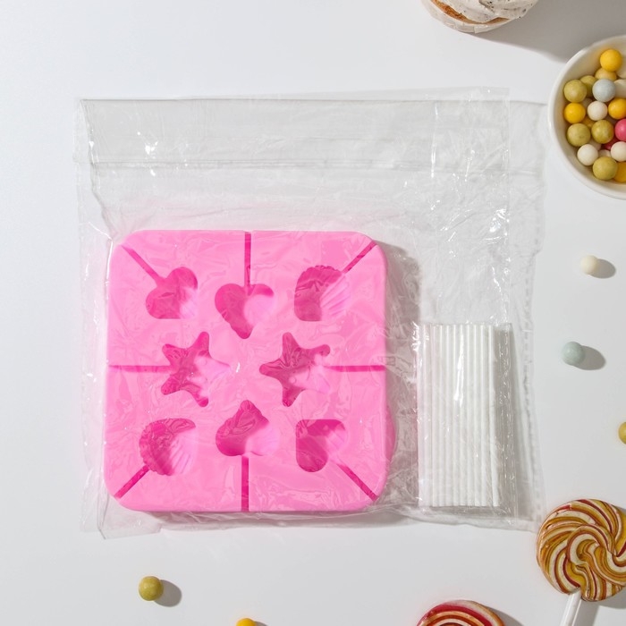 Форма силиконовая для леденцов «Морской берег», 12,5×12,5×1,5 см, 8 ячеек, с палочками, цвет МИКС Форма силиконовая для леденцов «Морской берег», 12,5×12,5×1,5 см, 8 ячеек, с палочками, цвет МИКС