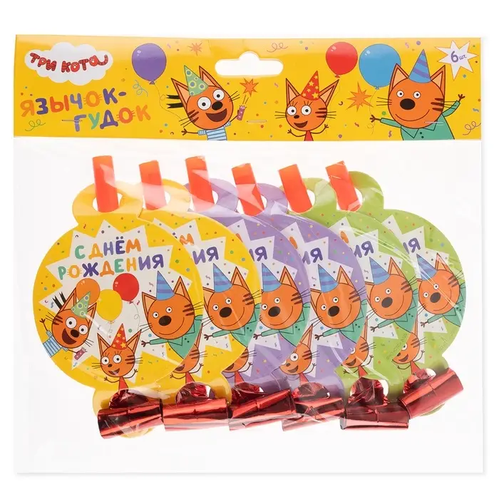 Карнавальные язычки гудки "Три Кота. Играем вместе", желтый, 11 см, 6 шт.