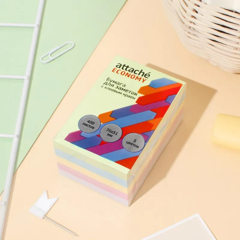 Бумага для заметок с клеевым краем  76x51 мм, 400 л, 5 цветов в асс