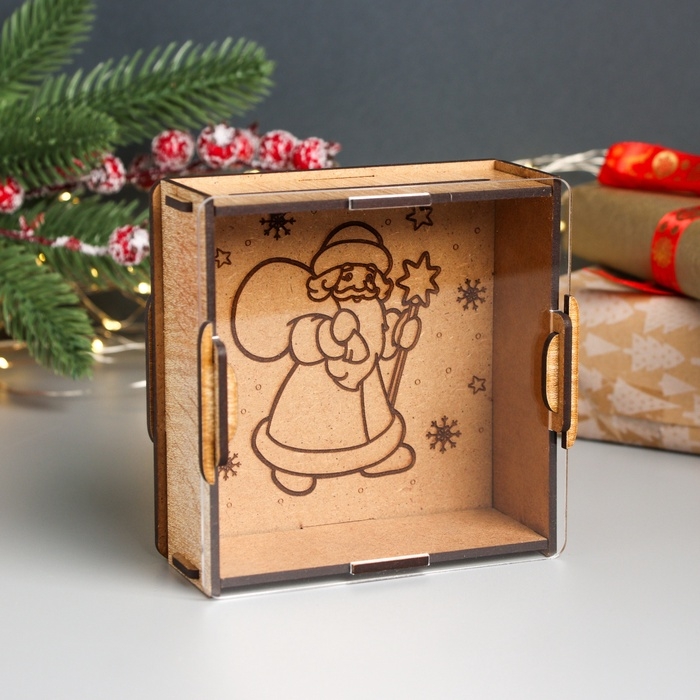 Новогодняя копилка с акрилом  Новогодняя копилка с акрилом "Дед Мороз с мешком" 12х12х4 см