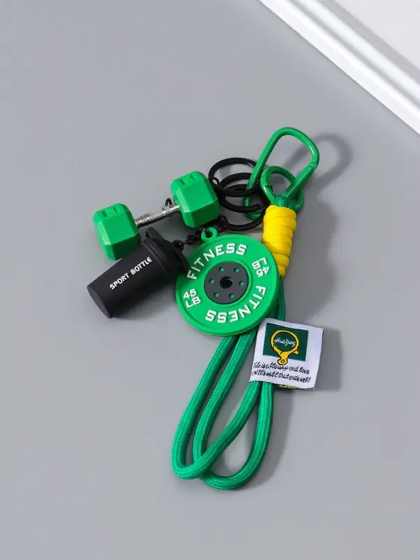 Брелок резина, текстиль с карабином "Гантеля, диск и бутылка" зелёный 14,5х4,5х2,2 см