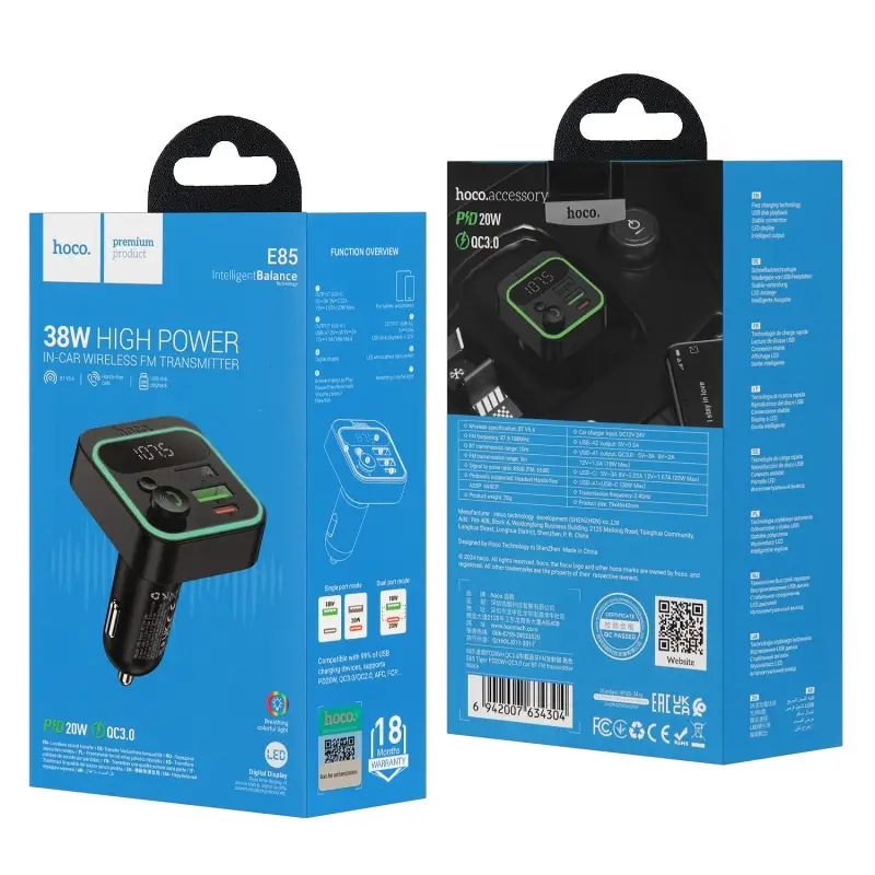 *Трансмиттер E85 Tiger PD20W+QC3.0 car BT FM transmitter HOCO Black