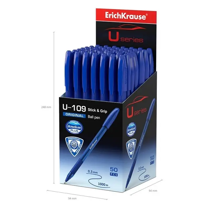 Ручка шариковая ErichKrause U-109 Original Stick&Grip, игольчатый узел 1.0 мм, чернила синие, резиновый держатель, супермягкое письмо Ручка шариковая ErichKrause U-109 Original Stick&Grip, игольчатый узел 1.0 мм, чернила синие, резиновый держатель, супермягкое письмо