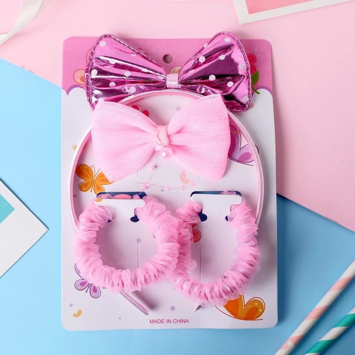 Набор для волос Набор для волос "Очаровашка" (ободок, 3 резинки) бантик в горошек и с бусинками, розовый