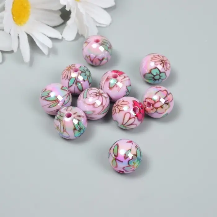 Бусины для творчества акрил Бусины для творчества акрил "Цветочки на розовом" МИКС 1,6х1,6х1,6 см