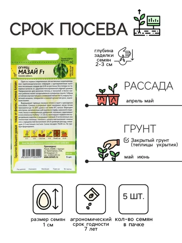 Семена Огурец &laquo;Мазай&raquo;, раннеспелый, партенокарпический, 5 шт., &laquo;Семена Алтая&raquo;
