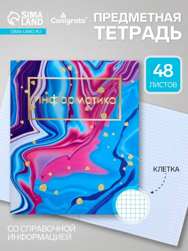Предметная тетрадь по информатике Calligrata &laquo;Мрамор светлый&raquo;, 48 листов, в клетку, со справочным материалом, обложка из мелованного картона