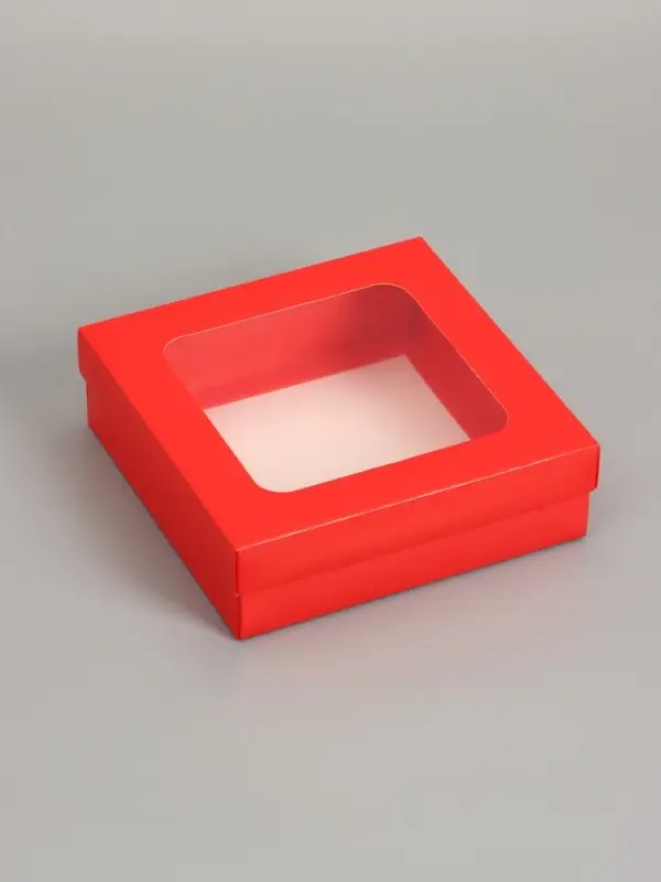 Коробка складная, крышка-дно, красная, с окном 20 х 20 х 6 см