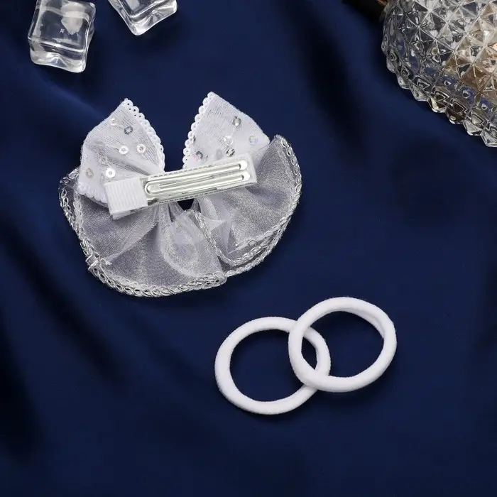 Набор для волос "Школьница" (зажим 7 см, 2 резинки 3,5 см) пайетки бант, белый