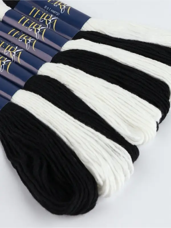 Нитки мулине TEIRA, 8&plusmn;1 м, набор 8 шт., хлопок, чёрные, белые