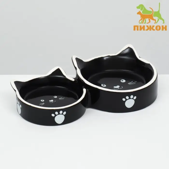Миска для кошек Пижон &laquo;Кошачье семейство&raquo; 40/60 мл, 19&times;10.5&times;3.5 см, двойная, керамика, чёрная, белая