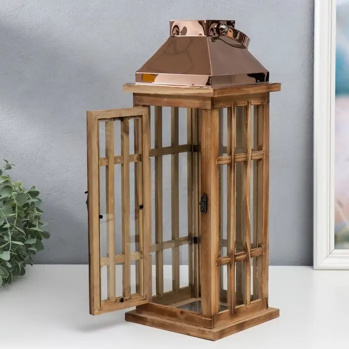 Деревянный подсвечник - фонарь на 1 свечу &laquo;Витраж&raquo;, корица и медь набор 2 шт. 41.5&times;15.5&times;15.5, 58&times;22&times;22 см