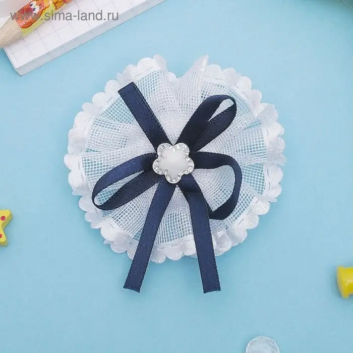 Резинка для волос бант «Школьница», лента цветок, d=6.5 см, сине-белый