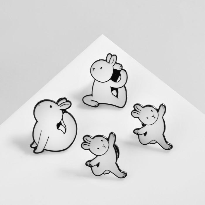 Набор значков (4 шт.) «Зайчики» йога, цвет белый в чёрном металле Набор значков (4 шт.) «Зайчики» йога, цвет белый в чёрном металле