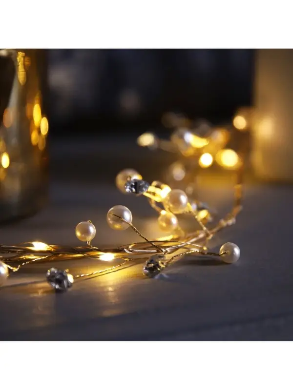 Гирлянда &laquo;Мишура&raquo; 1.2 м, роса с насадками &laquo;Бусины&raquo;, IP20, серебристая нить, 20 LED, от батареек CR2032&times;2, свечение тёплое белое