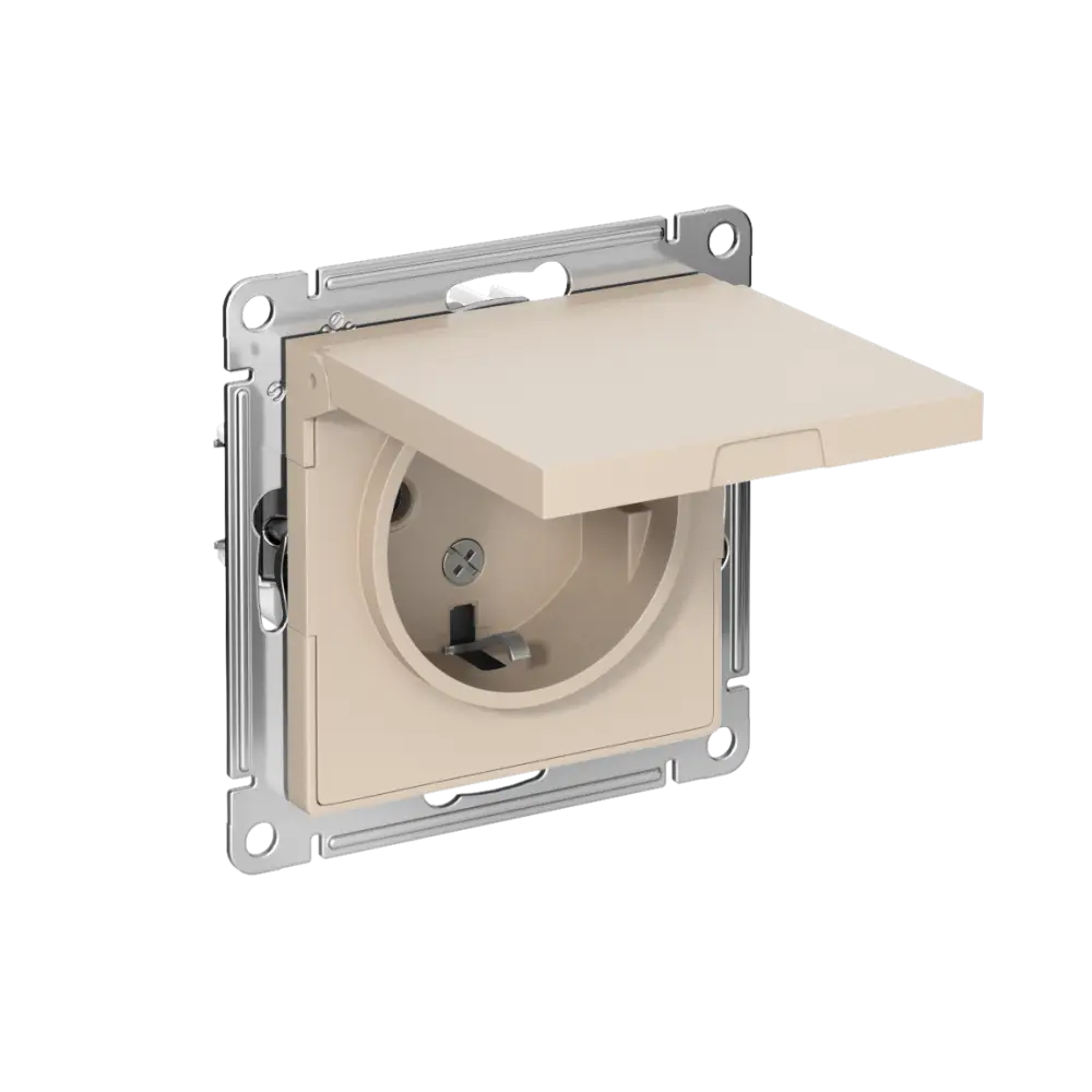 ATLASDESIGN РОЗЕТКА с заземл. со шторк. с крышкой, 16А, IP20, механизм, ПЕСОЧНЫЙ